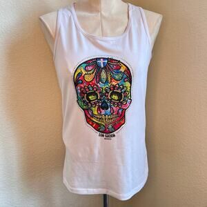 Los Cabos Sugar Skull dia de muertos white racerback tank Womens Medium top